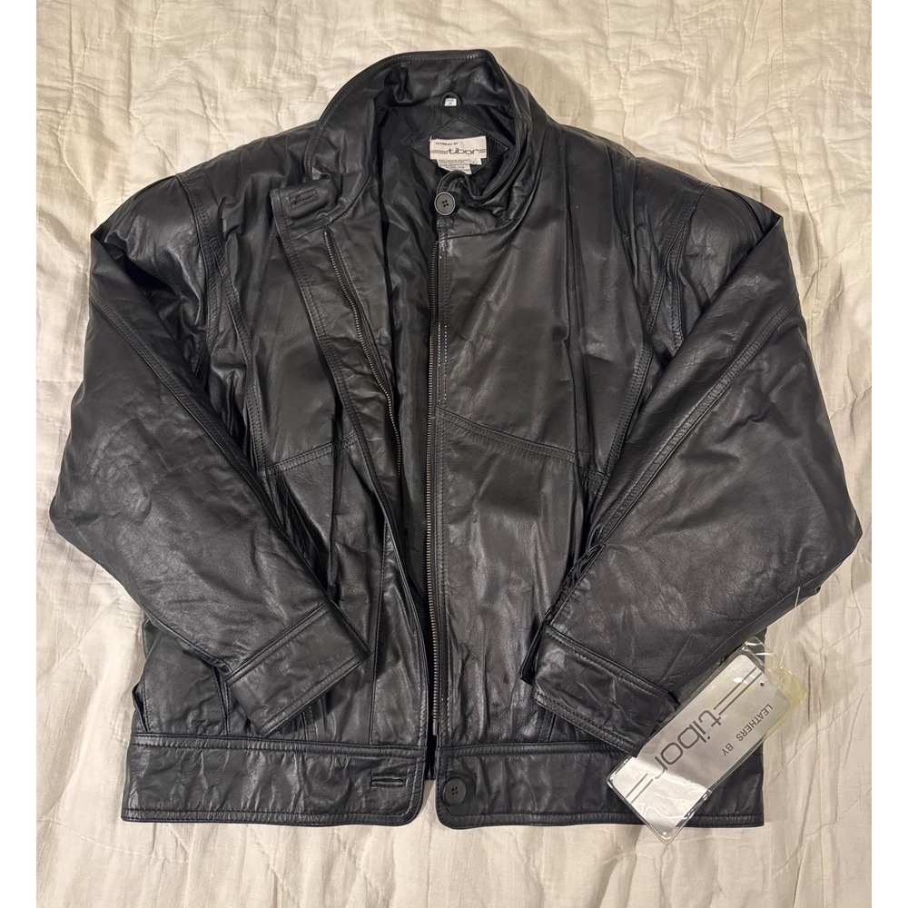 Leathers by Tibor Black Genuine Leather Bomber Jacket Size L 265-0158 Vintage